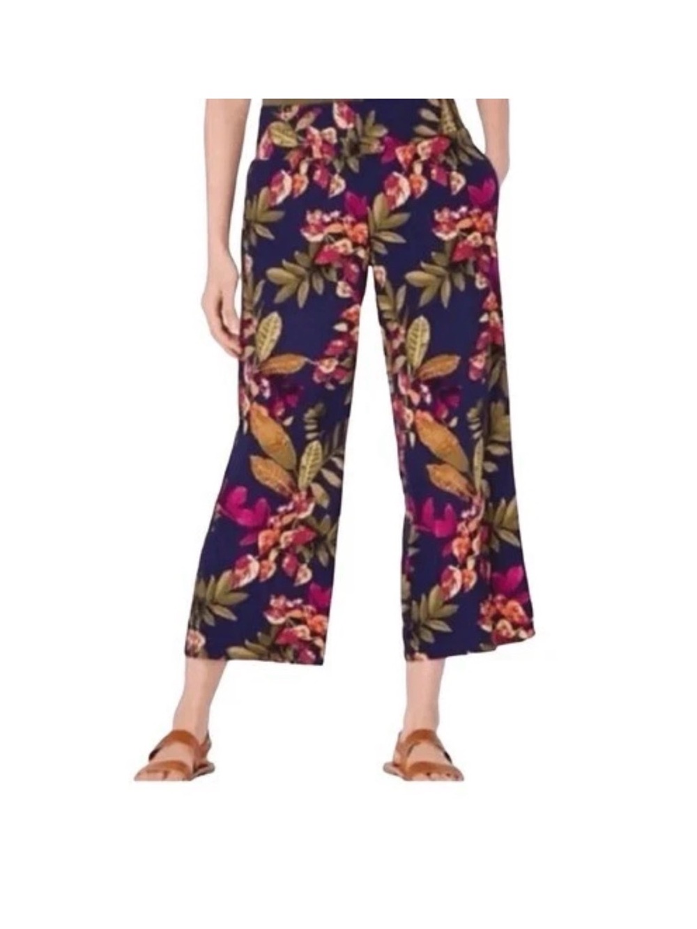 J Jill Size M Tropical Floral Wide Leg Cropped Pull On Pants Blue Elastic Waist - Picture 1 of 8